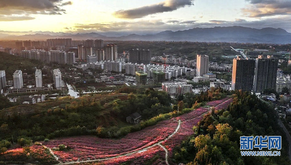 灿烂的霞光将洛南县城染成了深红色,壮观无比(10月16日摄).